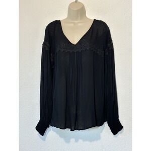 Y2K Black‎ Semi Sheer Peasant Top Long Sleeve V Neck Womens Size XXL Boho